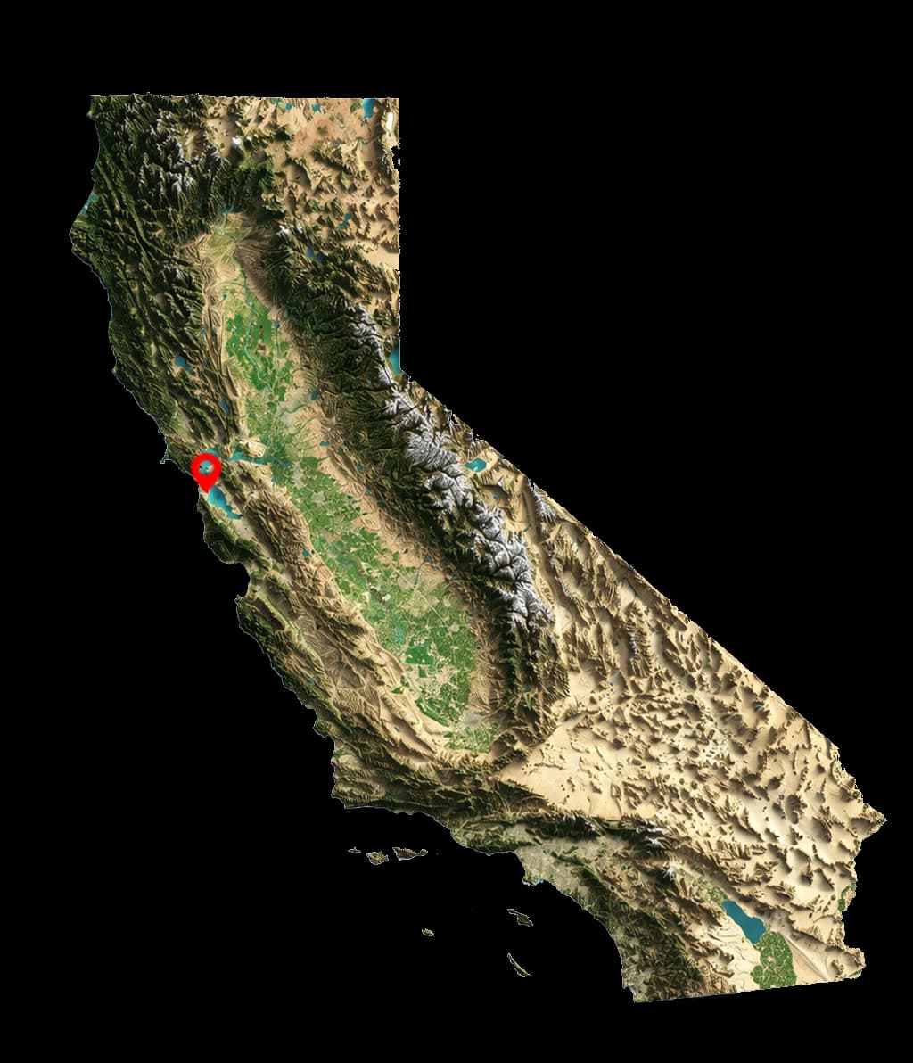 Relief map of California with San Francisco marked.