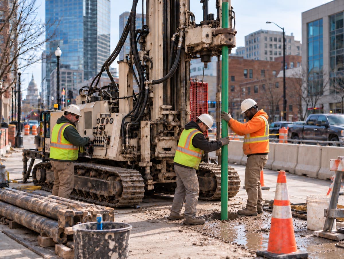 A drill crew guiding casing into a borehole beside a track-mounted drill rig on a city street.