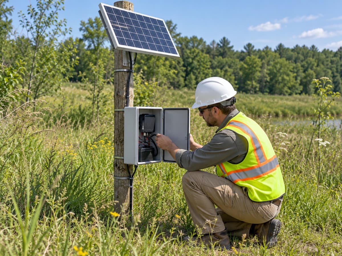 An engineer kneeling in tall grass to service an open data logger enclosure mounted on a post beneath a solar panel.