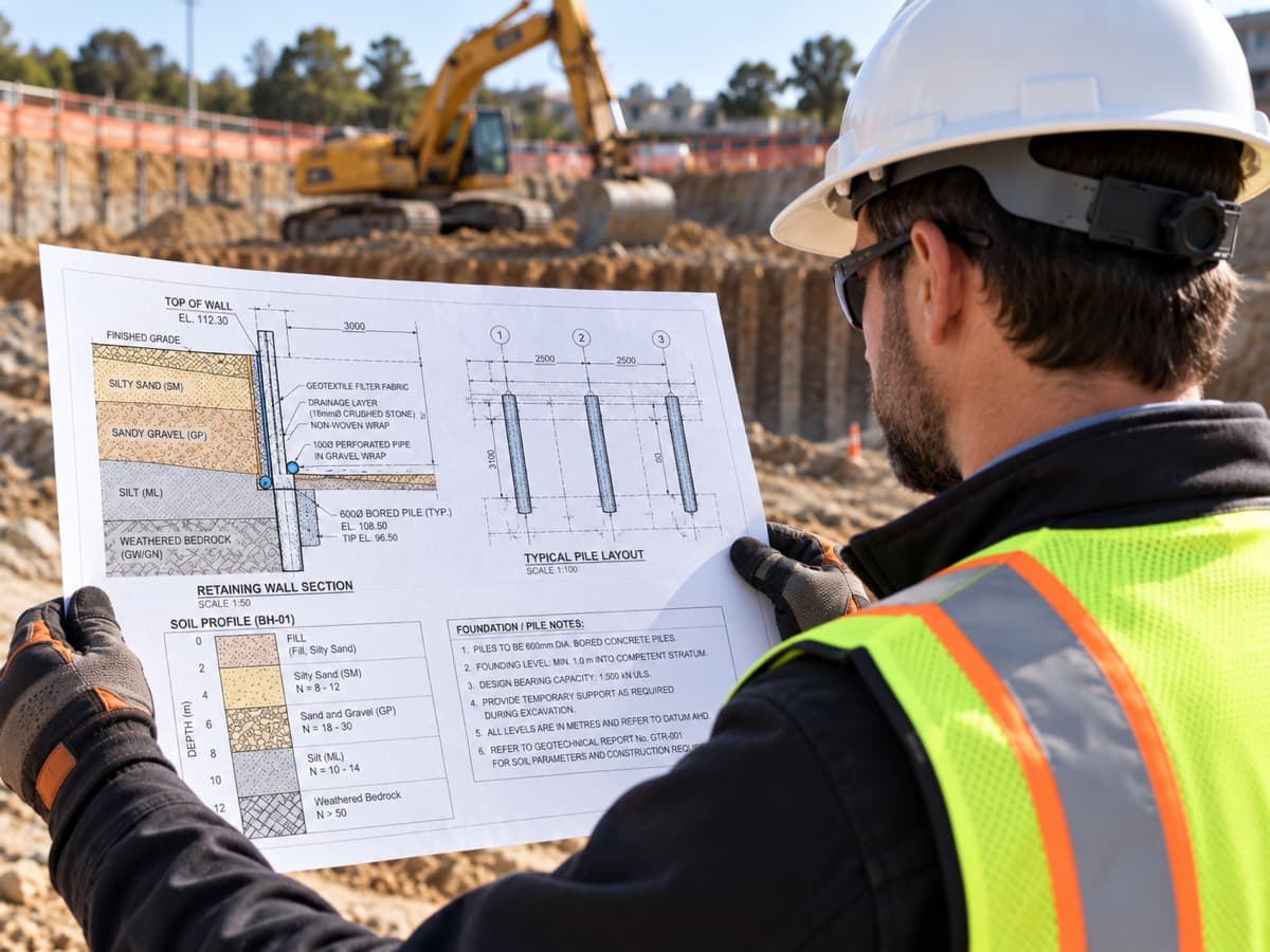An engineer in a hard hat and high-visibility vest reviewing a retaining wall section and soil profile sheet beside an excavation.